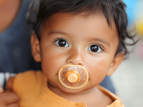 foto de un niño pequeño de México usando un chupón de color naranja