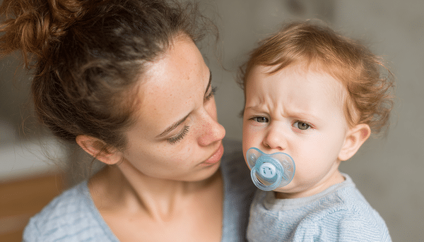 Bebé disgustado con el chupón. La madre ve al bebé sutilmente y se pregunta ¿cómo hacer que mi bebé acepte el chupón? De fondo la habitación del bebé.