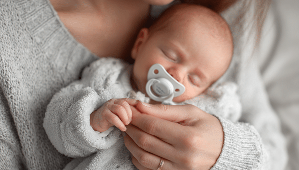 Bebé recién nacido en los brazos de mamá. Sostiene en su boquita un chupón blanco.