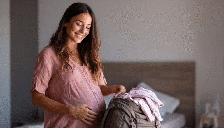 Mujer embarazada guarda las cosas de bebé para llevar al hospital en una maleta. La mujer lleva un blusón ropa, se ve feliz y emocionada. De fondo habitación moderna.