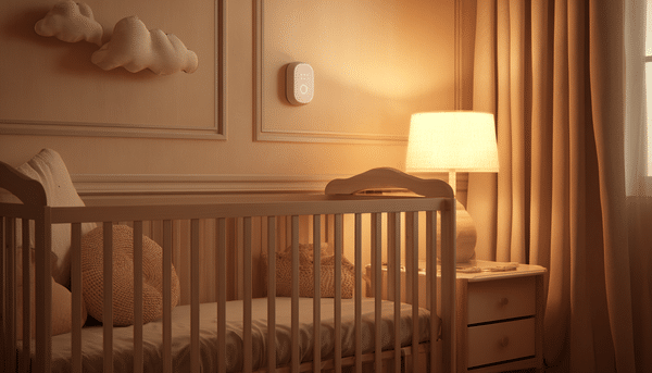 Cuarto de un bebe con una cuna, mueble con lámpara, monitos de bebe, almohadas y adorno de nubes.