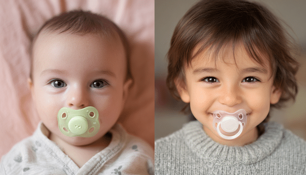 Dos diferentes imágenes de niños. El primer niño es un bebé de aproximadamente 6 meses y esta recostado en una sabana rosa. El segundo es un niño de aproximadamente 2 años, parece estar feliz. Ambos succionan un chupón de bebés en sus bocas.