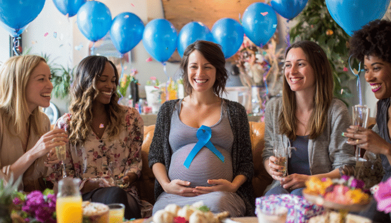 Mujer embarazada, sentada en medio de un sofá, porta un listón azul en el vientre. A sus costados 4 mujeres. Parecen estar felices y celebrando un baby shower. Enfrente de ellas una mesa con regalos, bebidas y postres. Detrás globos azules de decoración.
