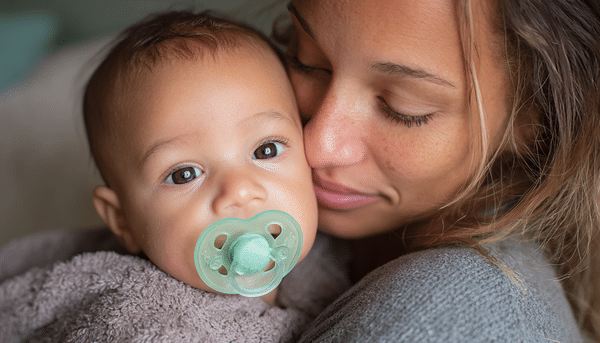 Madre sostiene en sus manos un bebé. El bebé tiene en su boca un chupón de color verde claro.