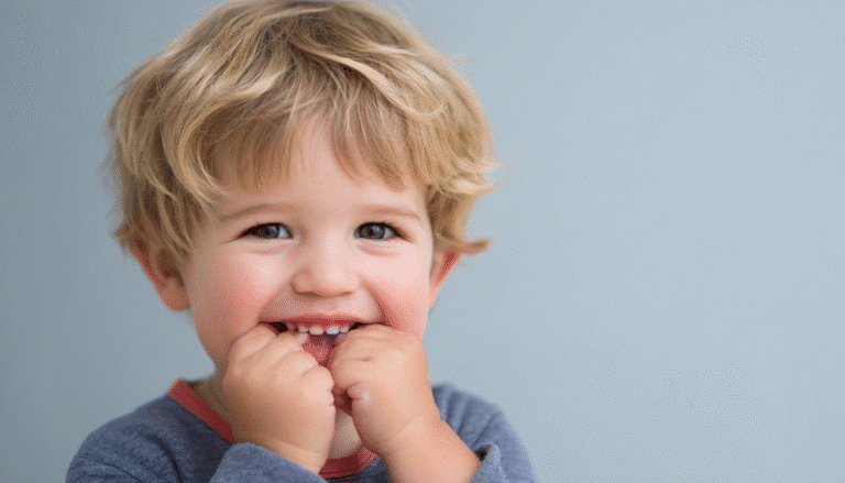 Niño de aproximadamente 2 años de edad con mordida abierta por chupón. El pequeño se ve feliz mientras mete todos los dedos de sus dos manos en su boca abierta y sonriente.