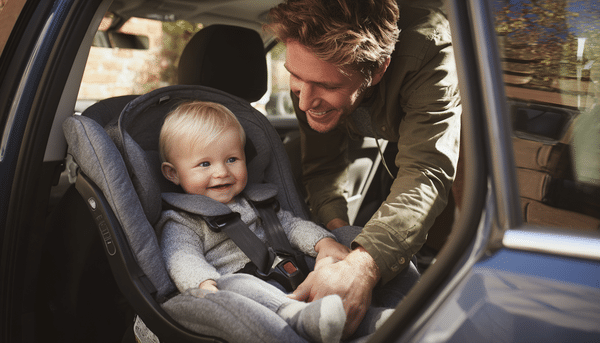 Padre metiendo una silla de auto y acomoda a su bebé en ella. Ambos parecen felices. 