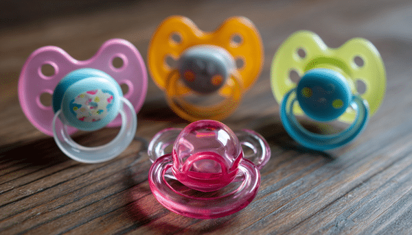 Tipos de chupones para bebés con tetina redonda. Los chupones tienen diferentes colores, verde, azul, rosa, naranja y morado.