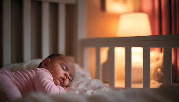 Bebé duerme tranquilamente en su cuna. De fondo lampara de luz cálida. 