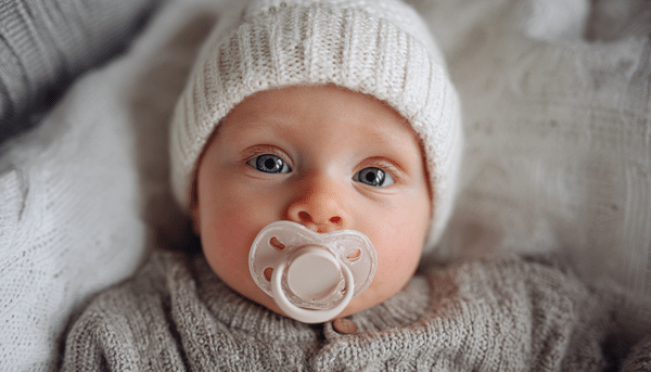 Bebé con chupón de color blanco en su boquita. El bebe esta recostado sobre la mano de su madre.