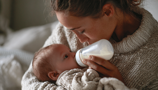 Madre le da de comer en una mamila leche a su bebé.