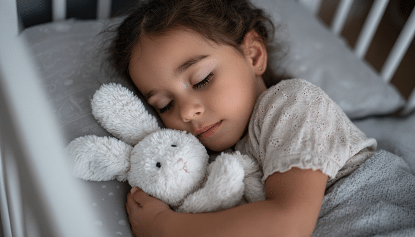 Niña de aproximadamente 2 años de edad duerme en su cuna, mientras abraza un peluche en forma de conejo blanco.