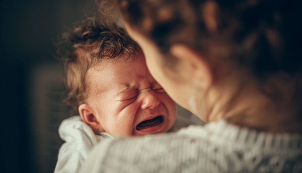 Bebé llora intensamente en los brazos de su madre.