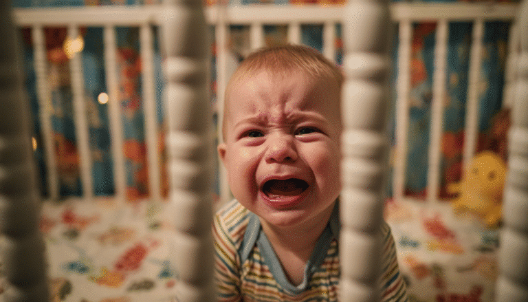 Bebé llora inconsolablemente dentro de su cuna. Al rededor de él peluches.