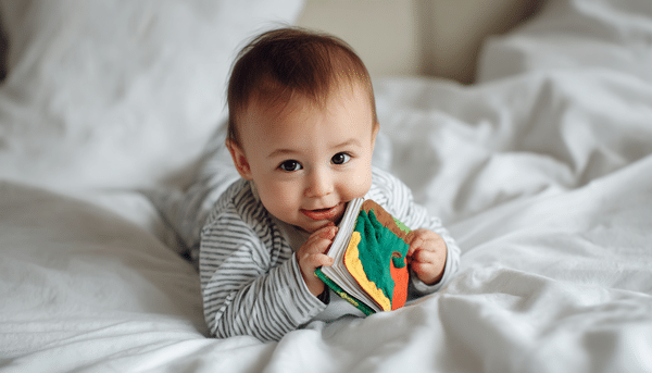 Pequeño bebé juega y se divierte con un libro de tela que manipula con sus manos. El bebé está sobre una cama con sábanas blancas.