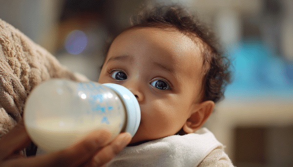 Bebé toma su leche en una mamila. Parece ser la mano de la madre quien lo está alimentando.
