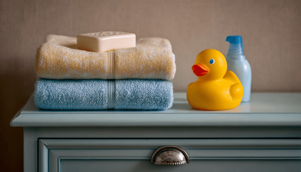Regalos para un bebé recién nacido en cosas de higiene: toallas, jabón, shampoo y un patito de hule. Todos los artículos para la higiene del bebé están enzima de un mueble color azul claro.